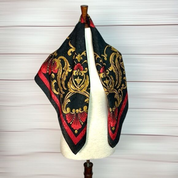 Vtg Linda Allard Ellen Tracy Silk Square Scarf Black Red Gold 35x35” Excellent - Picture 3 of 12